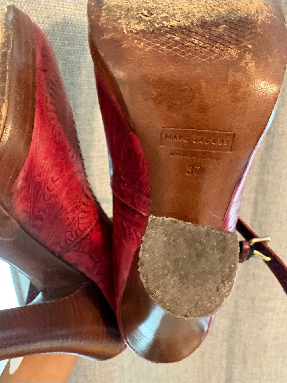Marc Jacobs Deep Red Floral Embossed Mary Jane Heels - Picture 5 of 5